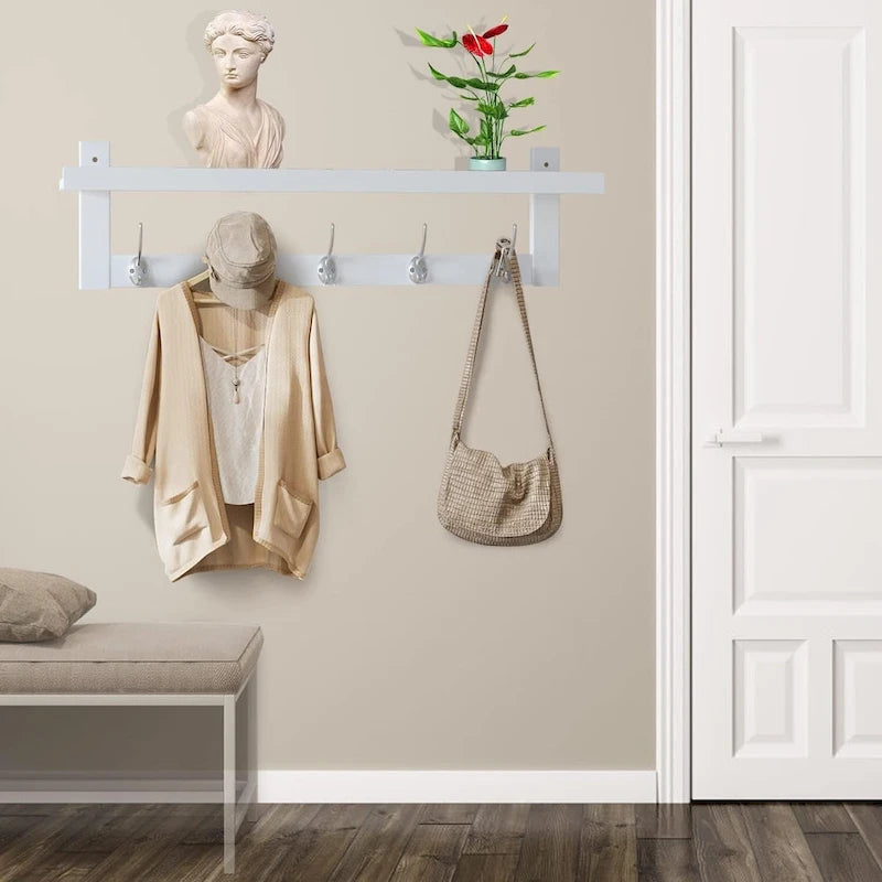 Coat Hooks with Shelf Wall-Mounted, Bamboo Hanging Shelf with 5 Double Metal Hooks