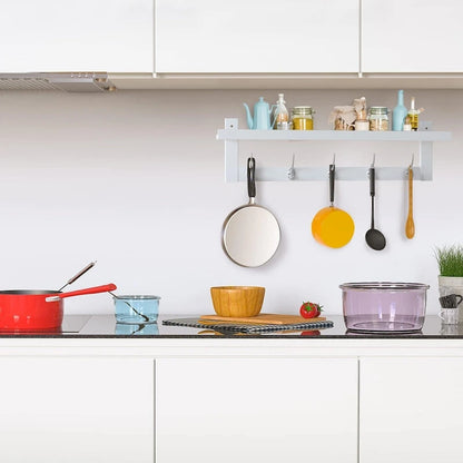 Coat Hooks with Shelf Wall-Mounted, Bamboo Hanging Shelf with 5 Double Metal Hooks