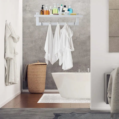 Coat Hooks with Shelf Wall-Mounted, Bamboo Hanging Shelf with 5 Double Metal Hooks