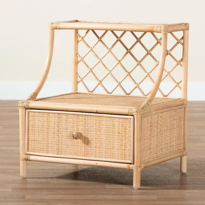 Lalo Modern Bohemian Natural Brown Rattan 1-Drawer Nightstand