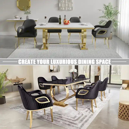 Modern Black Velvet Upholstered Armchair Dining Chair with Gold Legs