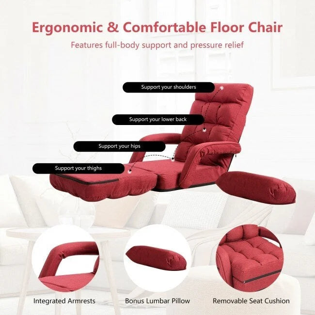 Folding Lazy Floor Chair Sofa with Armrests and Pillow-Red - 22 x 26 x 29 (L x W x H)
