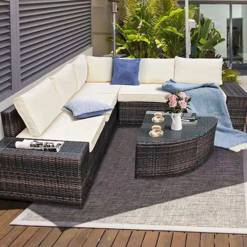 Gymax 6PCS Wicker Furniture Sectional Sofa Set w/ Cushions Off White - See details