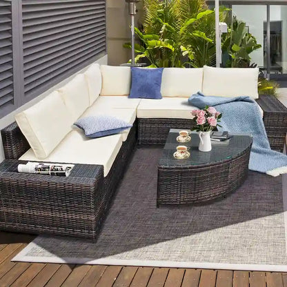 Gymax 6PCS Wicker Furniture Sectional Sofa Set w/ Cushions Off White - See details