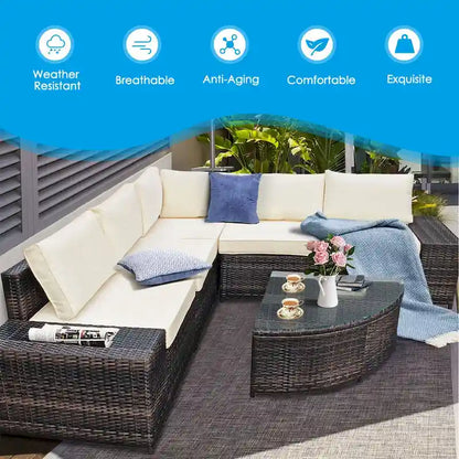 Gymax 6PCS Wicker Furniture Sectional Sofa Set w/ Cushions Off White - See details