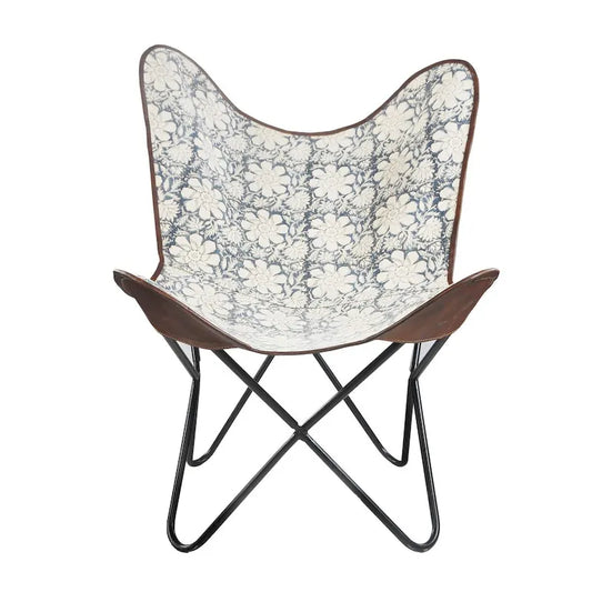 37 Blue and White Floral Faux Leather Sling-Style Butterfly Chair