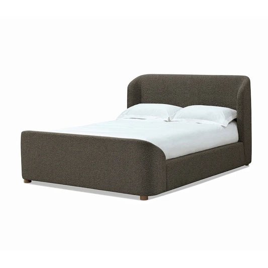 Keni Queen Size Platform Bed, Soft Brown Boucle Upholstery, Curved Design