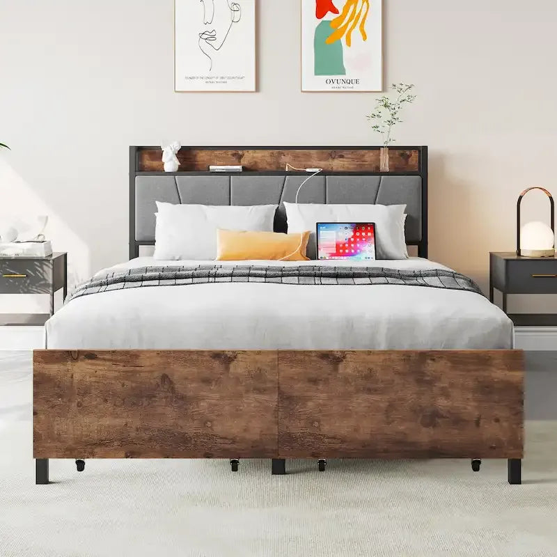 Queen/Full Size Bed Frame, Storage Headboard with Charging Station and 2 Drawers