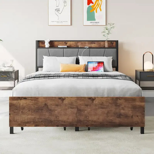Queen/Full Size Bed Frame, Storage Headboard with Charging Station and 2 Drawers