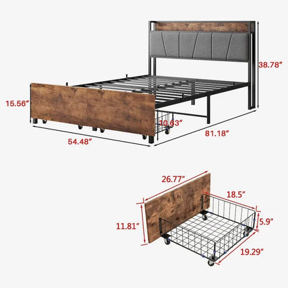 Queen/Full Size Bed Frame, Storage Headboard with Charging Station and 2 Drawers