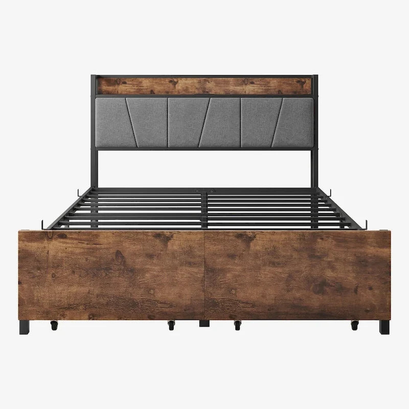 Queen/Full Size Bed Frame, Storage Headboard with Charging Station and 2 Drawers