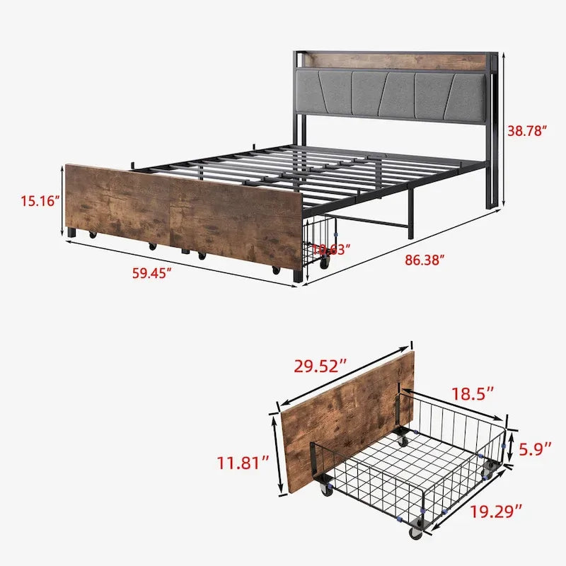 Queen/Full Size Bed Frame, Storage Headboard with Charging Station and 2 Drawers
