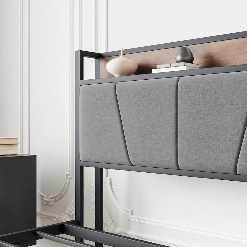 Queen/Full Size Bed Frame, Storage Headboard with Charging Station and 2 Drawers