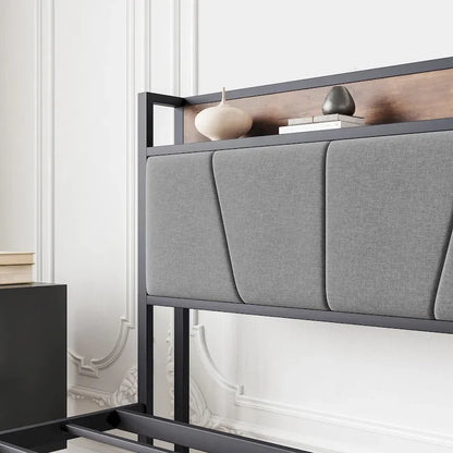 Queen/Full Size Bed Frame, Storage Headboard with Charging Station and 2 Drawers