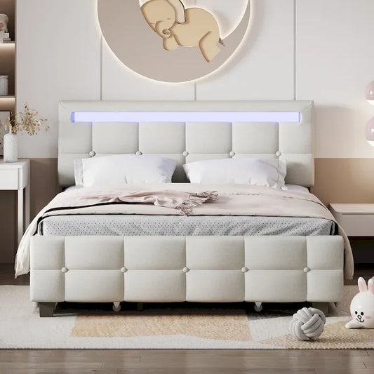 Queen Size Upholstered Platform Bed with LED Frame and 4 Drawers, Linen Fabric
