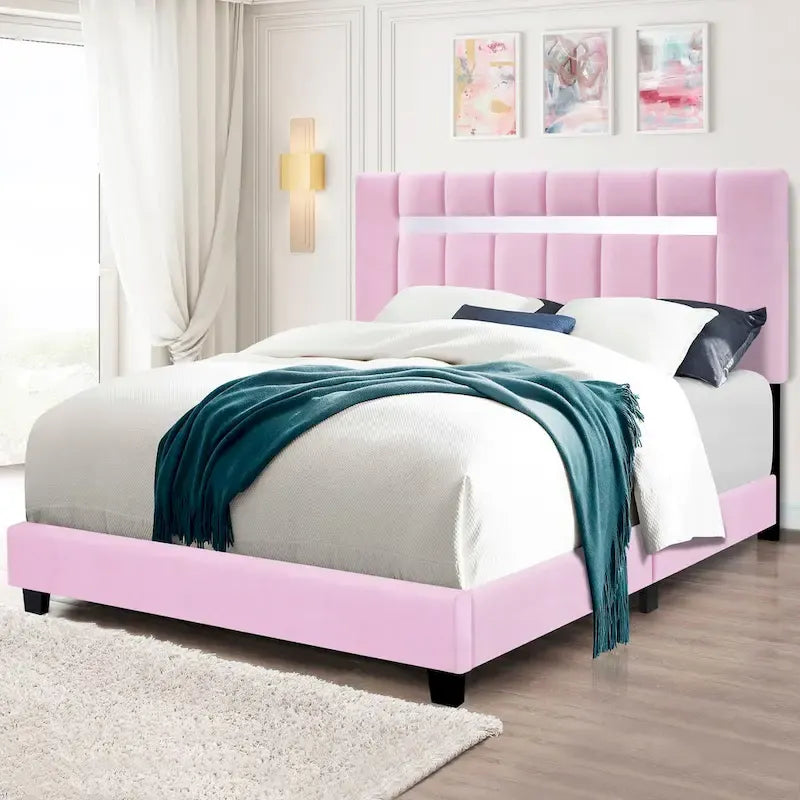 Pink Velvet Upholstered bed frame with adjustable Features,teenage girl's favoriate Pink collection