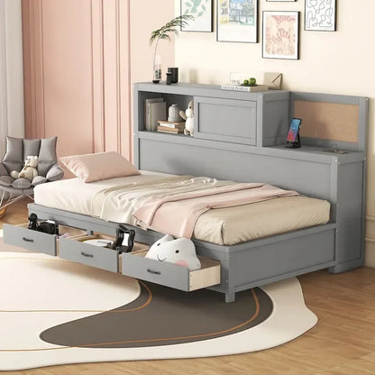 Twin Size Wooden Daybed with 3 Drawers and USB Ports