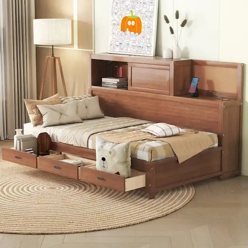 Twin Size Wooden Daybed with 3 Drawers and USB Ports