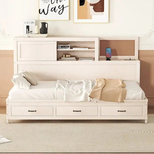Twin Size Wooden Daybed with 3 Drawers and USB Ports