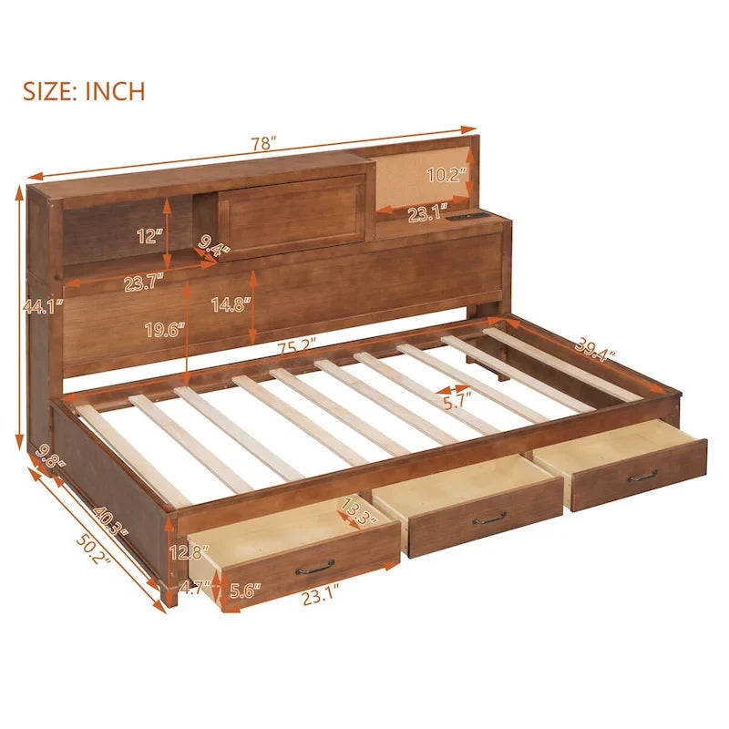 Twin Size Wooden Daybed with 3 Drawers and USB Ports