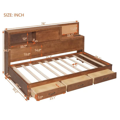 Twin Size Wooden Daybed with 3 Drawers and USB Ports