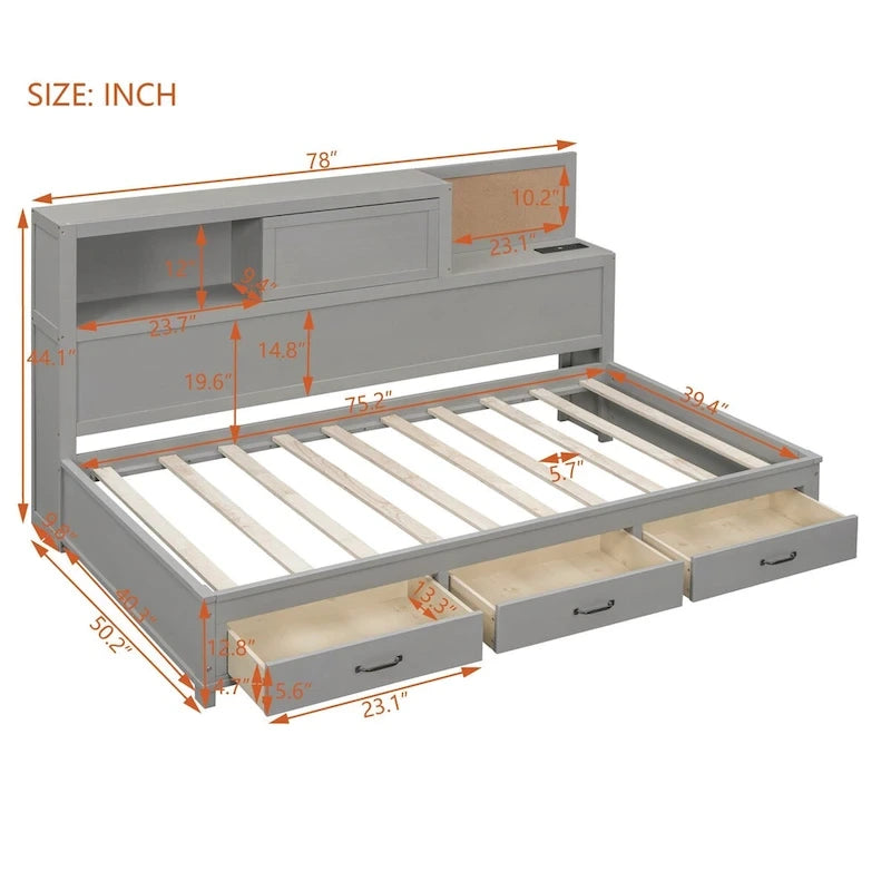 Twin Size Wooden Daybed with 3 Drawers and USB Ports
