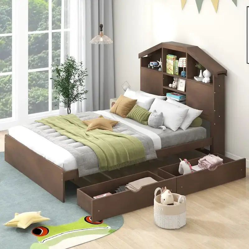 Wood Platform Bed with House-Shaped Storage Headboard and 2 Drawers