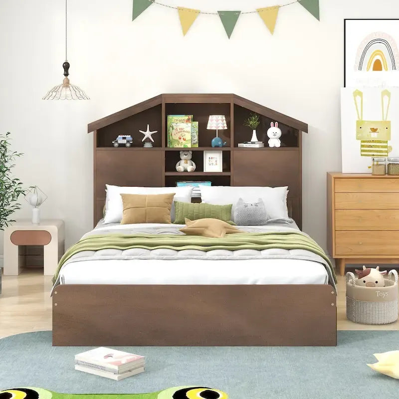 Wood Platform Bed with House-Shaped Storage Headboard and 2 Drawers