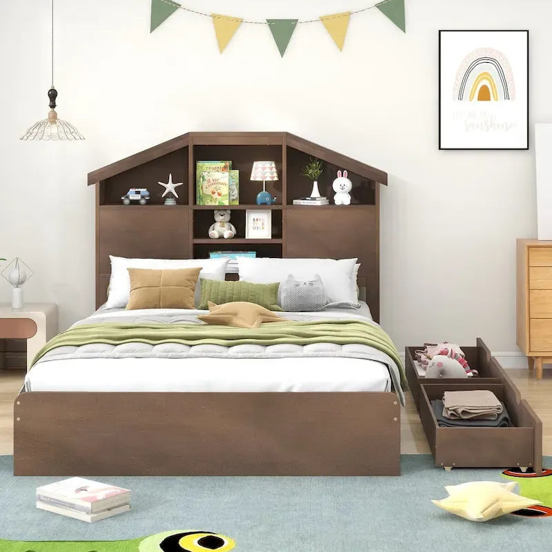 Wood Platform Bed with House-Shaped Storage Headboard and 2 Drawers