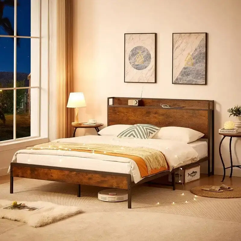 Mieres Full Size Bed Frame, Platform Bed with Storage Headboard and Charging Station, Non-Slip Without Noise