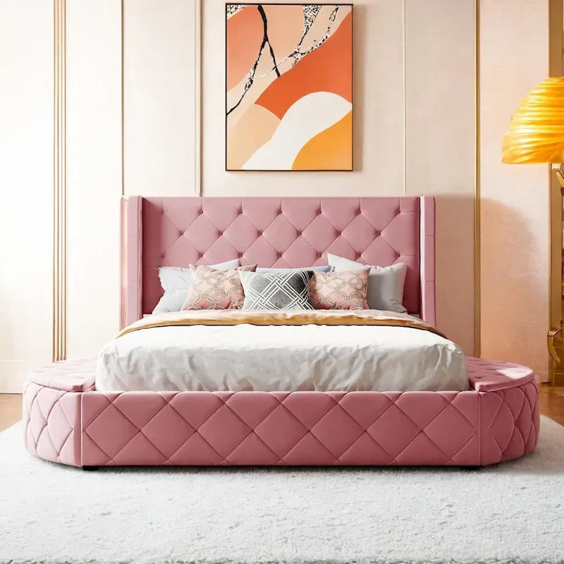 Upholstered Platform Bed Queen Size Storage Velvet Bed with Wingback Headboard and 1 Big Drawer,2 Side Storage Stool