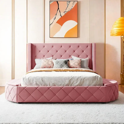 Upholstered Platform Bed Queen Size Storage Velvet Bed with Wingback Headboard and 1 Big Drawer,2 Side Storage Stool