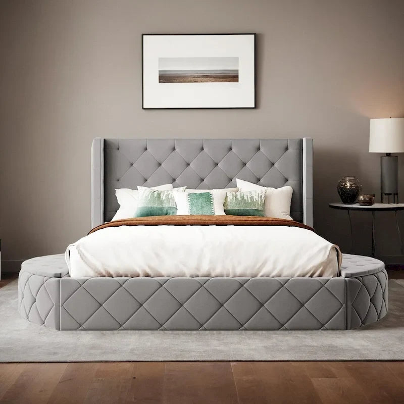 Upholstered Platform Bed Queen Size Storage Velvet Bed with Wingback Headboard and 1 Big Drawer,2 Side Storage Stool