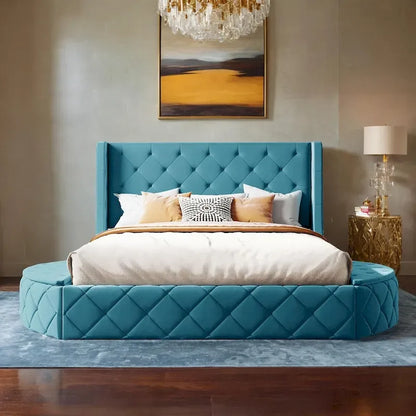 Upholstered Platform Bed Queen Size Storage Velvet Bed with Wingback Headboard and 1 Big Drawer,2 Side Storage Stool