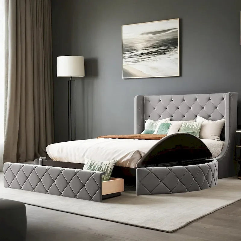 Upholstered Platform Bed Queen Size Storage Velvet Bed with Wingback Headboard and 1 Big Drawer,2 Side Storage Stool
