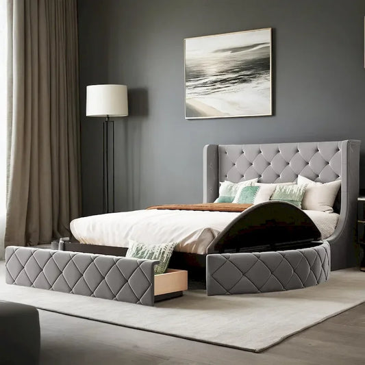 Upholstered Platform Bed Queen Size Storage Velvet Bed with Wingback Headboard and 1 Big Drawer,2 Side Storage Stool