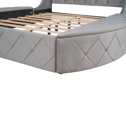Upholstered Platform Bed Queen Size Storage Velvet Bed with Wingback Headboard and 1 Big Drawer,2 Side Storage Stool