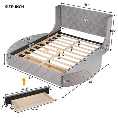 Upholstered Platform Bed Queen Size Storage Velvet Bed with Wingback Headboard and 1 Big Drawer,2 Side Storage Stool
