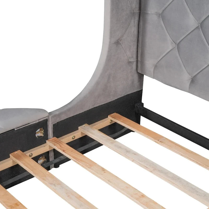 Upholstered Platform Bed Queen Size Storage Velvet Bed with Wingback Headboard and 1 Big Drawer,2 Side Storage Stool