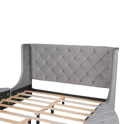 Upholstered Platform Bed Queen Size Storage Velvet Bed with Wingback Headboard and 1 Big Drawer,2 Side Storage Stool