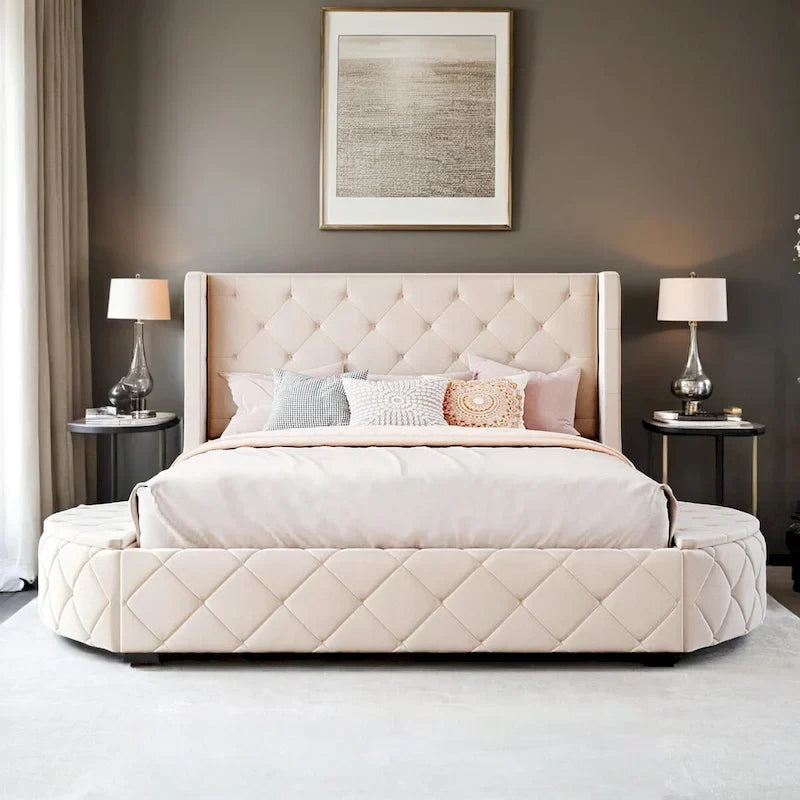 Upholstered Platform Bed Queen Size Storage Velvet Bed with Wingback Headboard and 1 Big Drawer,2 Side Storage Stool