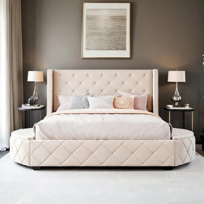 Upholstered Platform Bed Queen Size Storage Velvet Bed with Wingback Headboard and 1 Big Drawer,2 Side Storage Stool