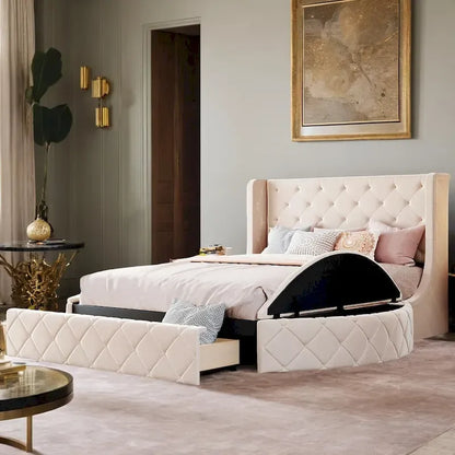 Upholstered Platform Bed Queen Size Storage Velvet Bed with Wingback Headboard and 1 Big Drawer,2 Side Storage Stool