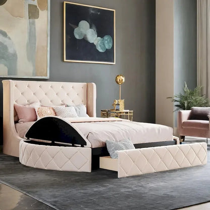 Upholstered Platform Bed Queen Size Storage Velvet Bed with Wingback Headboard and 1 Big Drawer,2 Side Storage Stool