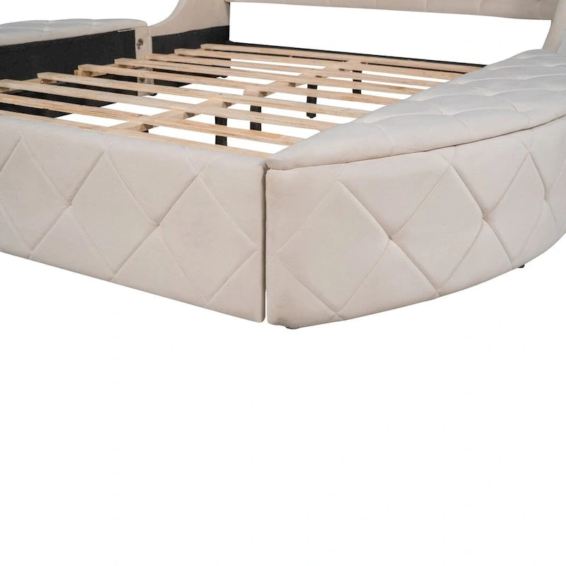 Upholstered Platform Bed Queen Size Storage Velvet Bed with Wingback Headboard and 1 Big Drawer,2 Side Storage Stool