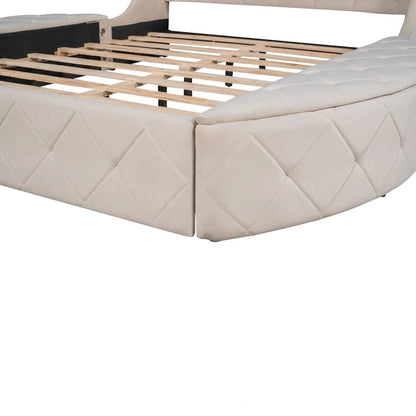 Upholstered Platform Bed Queen Size Storage Velvet Bed with Wingback Headboard and 1 Big Drawer,2 Side Storage Stool