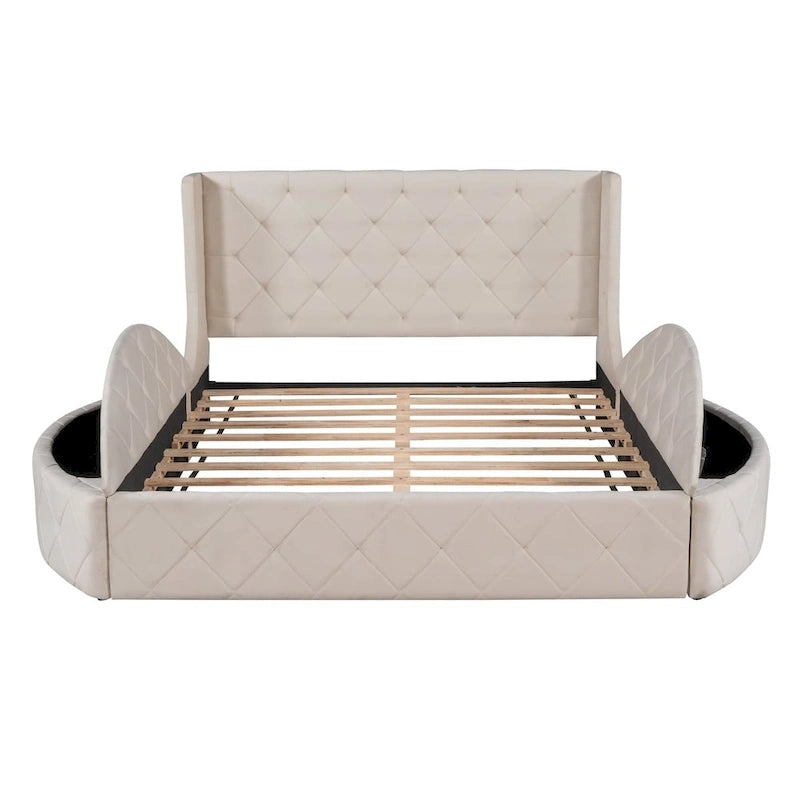 Upholstered Platform Bed Queen Size Storage Velvet Bed with Wingback Headboard and 1 Big Drawer,2 Side Storage Stool