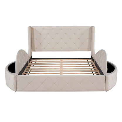 Upholstered Platform Bed Queen Size Storage Velvet Bed with Wingback Headboard and 1 Big Drawer,2 Side Storage Stool