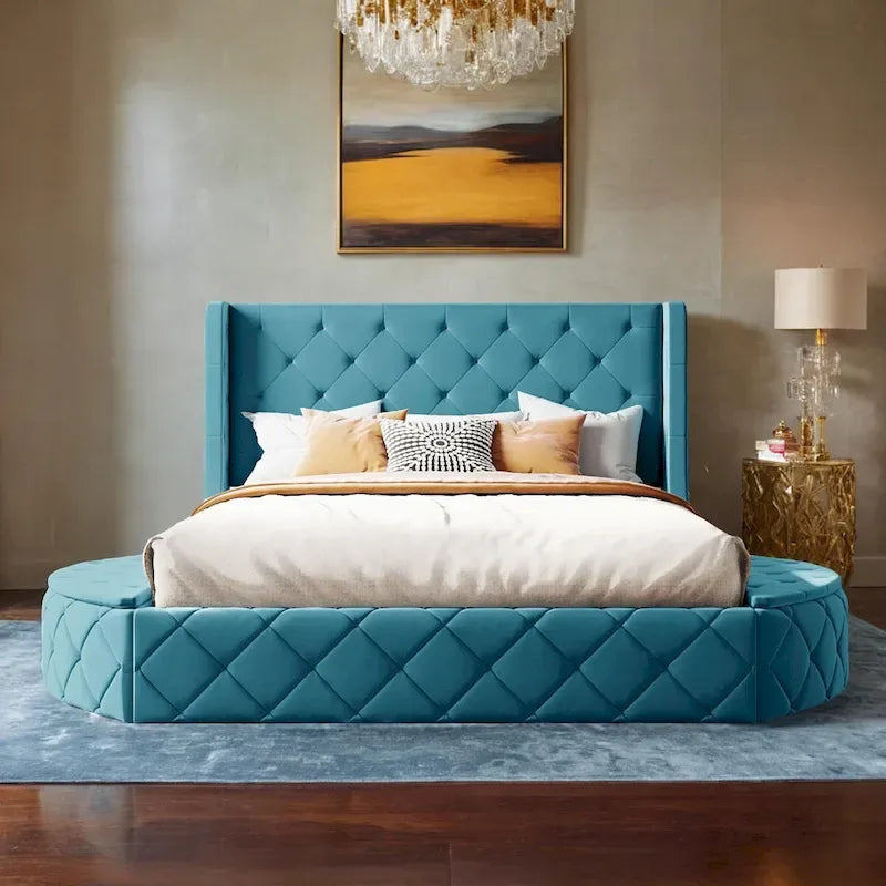 Upholstered Platform Bed Queen Size Storage Velvet Bed with Wingback Headboard and 1 Big Drawer,2 Side Storage Stool