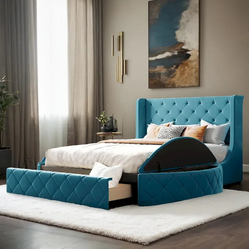 Upholstered Platform Bed Queen Size Storage Velvet Bed with Wingback Headboard and 1 Big Drawer,2 Side Storage Stool